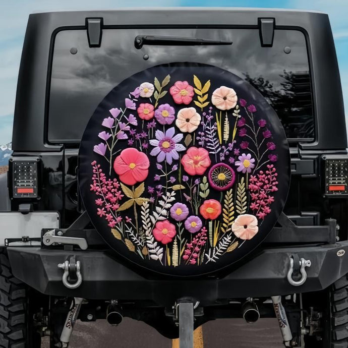 Faux Embroidery Purple Flowers Tire Cover