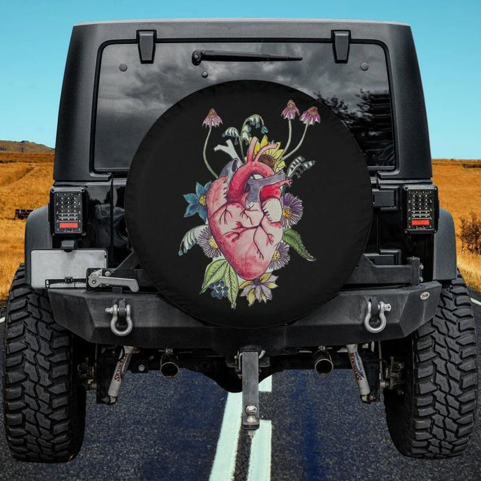 Anatomical Heart with Flowers Mushrooms Aesthtetic Spare Tire Cover Thickening Leather Universal