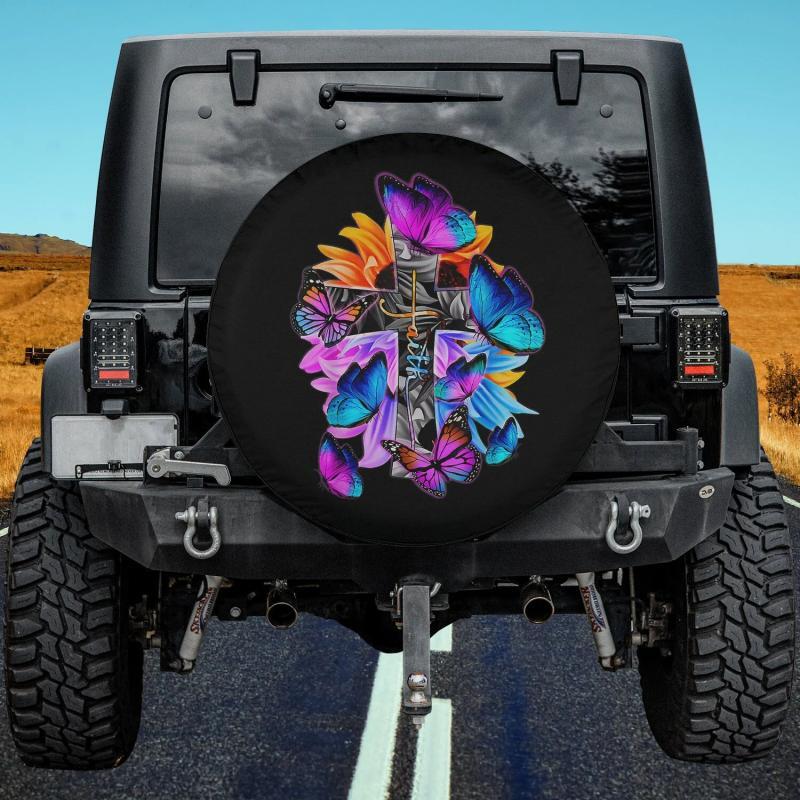 Load image into Gallery viewer, Faith-Hope-Love God Jesus Christ Cross Butterflies Floral Spare Tire Cover Thickening Leather Universal
