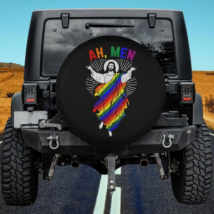 Ah Men Funny LGBT Gay Pride Jesus Rainbow Flag Christian Spare Tire Cover Thickening Leather Universal