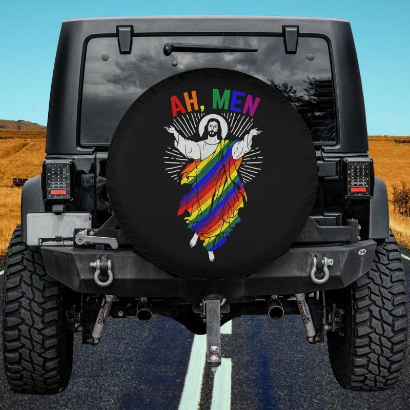 Load image into Gallery viewer, Ah Men Funny LGBT Gay Pride Jesus Rainbow Flag Christian Spare Tire Cover Thickening Leather Universal
