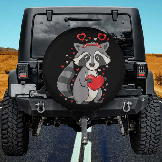 Raccoon Holding Hearts Love Pattern Valentines Raccoon Spare Tire Cover Thickening Leather Universal