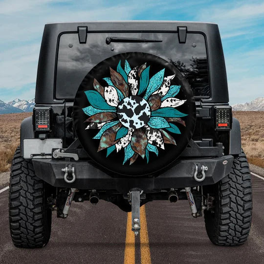 Cowhide Turquoise Sunflower Spare Tire Cover