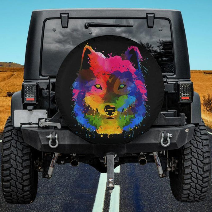 Splash Art Wolf Funny Watercolor Wildlife Dog Canine Outfit Spare Tire Cover Thickening Leather Universal