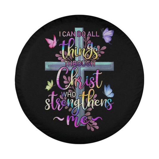 I Can Do All Things Through Christ Butterfly Art - Religious Spare Tire Cover Thickening Leather Universal