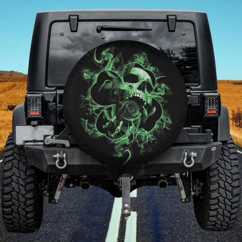 Load image into Gallery viewer, Clover Skull Smoke Rose Flower Clover Shamrock Patricks Day Spare Tire Cover Thickening Leather Universal
