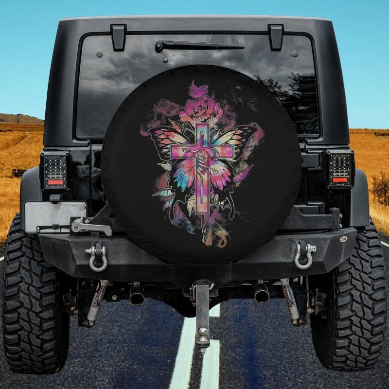 Load image into Gallery viewer, Faith Butterfly Flower Rose Cross Jesus Christian Lover Spare Tire Cover Thickening Leather Universal
