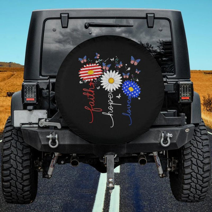 Faith Hope Love Butterfly Daisy 4th Of July Christians God Spare Tire Cover Thickening Leather Universal