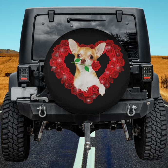 Cute Chihuahua Dog Heart Flowers Valentines Day Spare Tire Cover Thickening Leather Universal