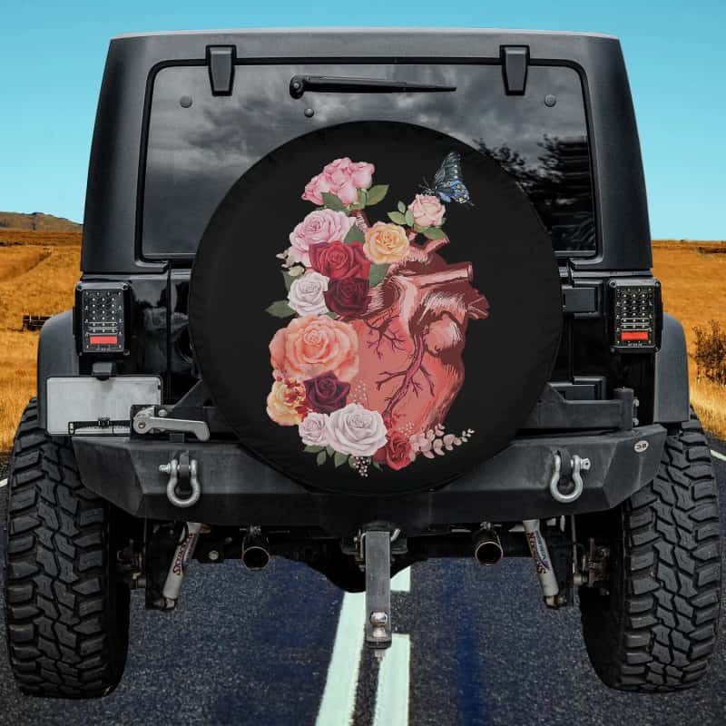 Load image into Gallery viewer, Anatomical Heart with Flower and Butterfly Valentine&#39;s Spare Tire Cover Thickening Leather Universal
