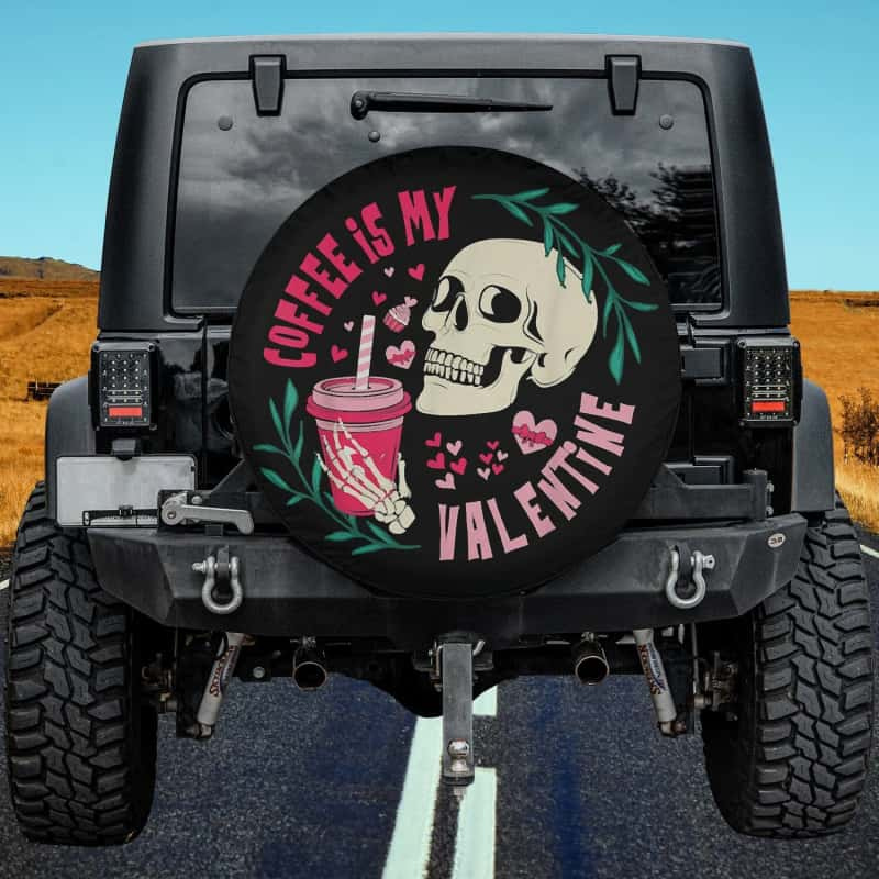 Load image into Gallery viewer, Coffee is My Valentine Skeleton Skull Valentine&#39;s Day Spare Tire Cover Thickening Leather Universal
