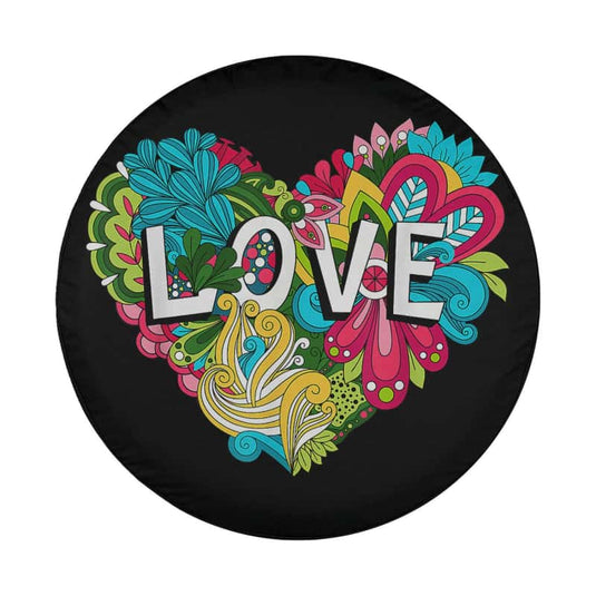 Doodle Floral Heart With Love Lettering For Valentines Day Spare Tire Cover Thickening Leather Universal