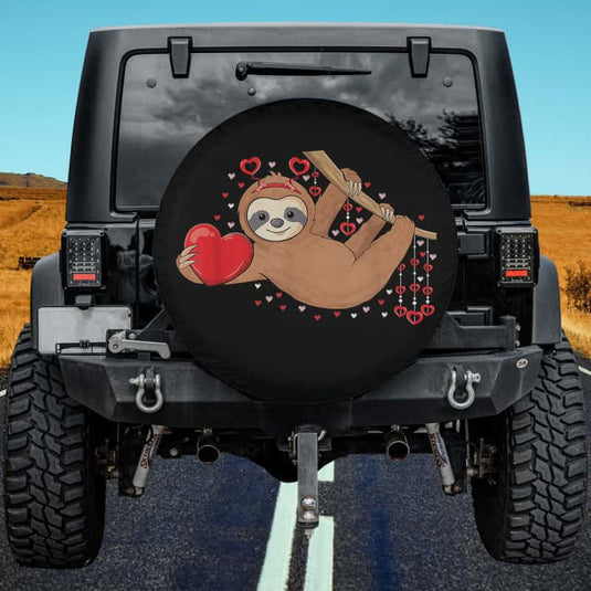 Cute Lazy Sloth Holding Heart Love Sloth Valentines Day Spare Tire Cover Thickening Leather Universal