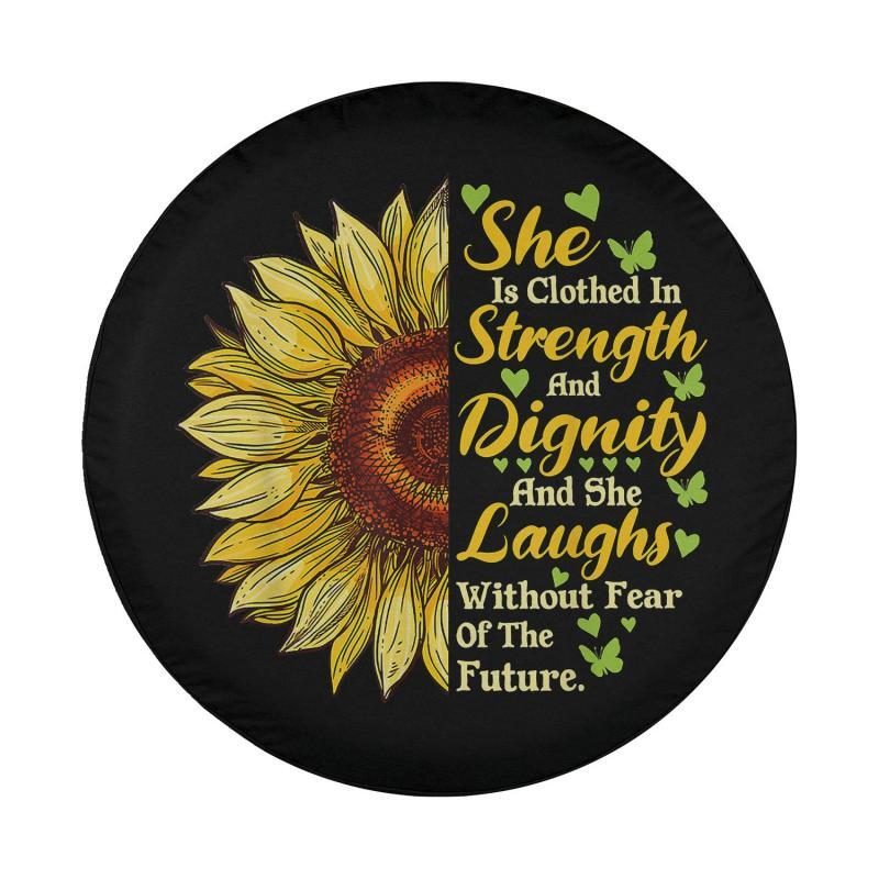 Load image into Gallery viewer, She Is Clothed Strength Dignity Laughs Bible Verse Sunflower Spare Tire Cover Thickening Leather Universal
