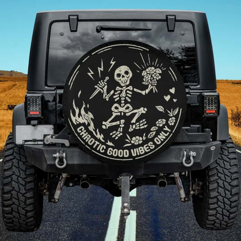 Load image into Gallery viewer, Chaotic Good Vibes Only Skeleton Skull Positive Vibes Spare Tire Cover Thickening Leather Universal
