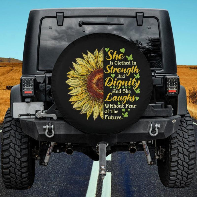 She Is Clothed Strength Dignity Laughs Bible Verse Sunflower Spare Tire Cover Thickening Leather Universal