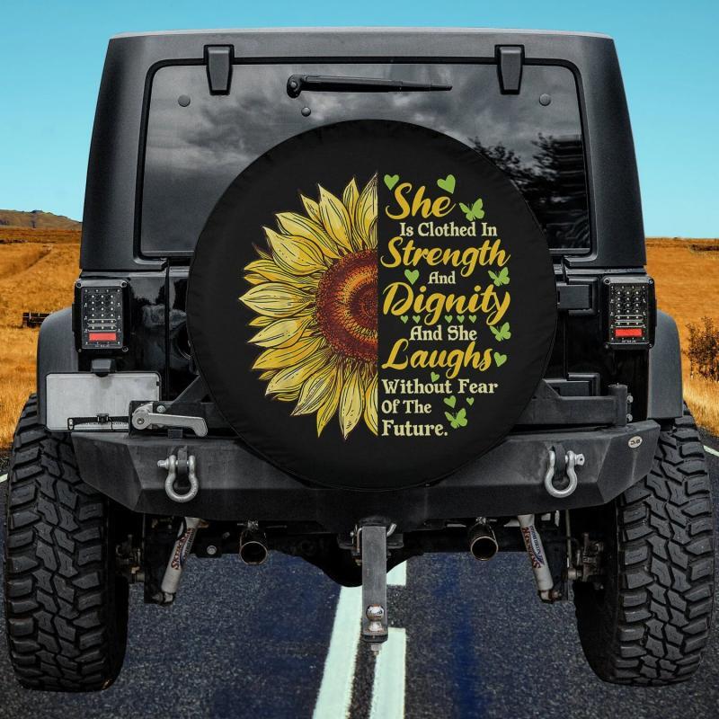 Load image into Gallery viewer, She Is Clothed Strength Dignity Laughs Bible Verse Sunflower Spare Tire Cover Thickening Leather Universal
