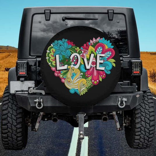 Doodle Floral Heart With Love Lettering For Valentines Day Spare Tire Cover Thickening Leather Universal