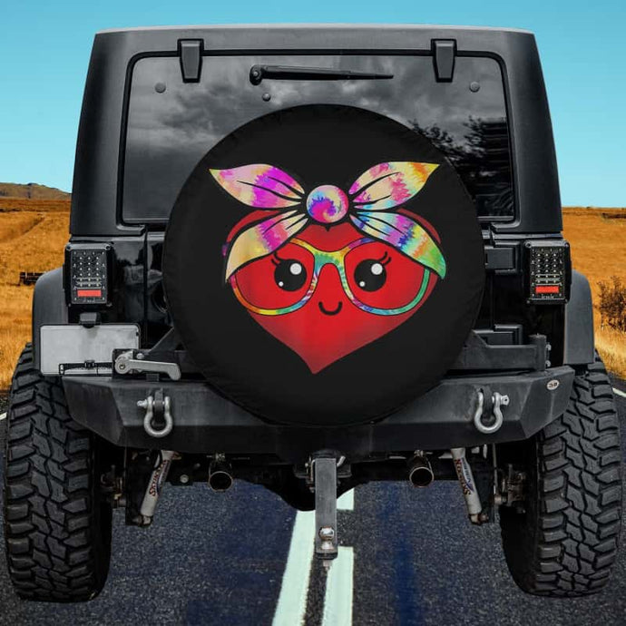 Cute Heart With Tie Dye Bandana Glasses Valentine Girls Spare Tire Cover Thickening Leather Universal