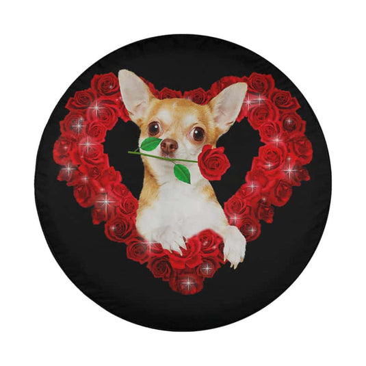 Cute Chihuahua Dog Heart Flowers Valentines Day Spare Tire Cover Thickening Leather Universal