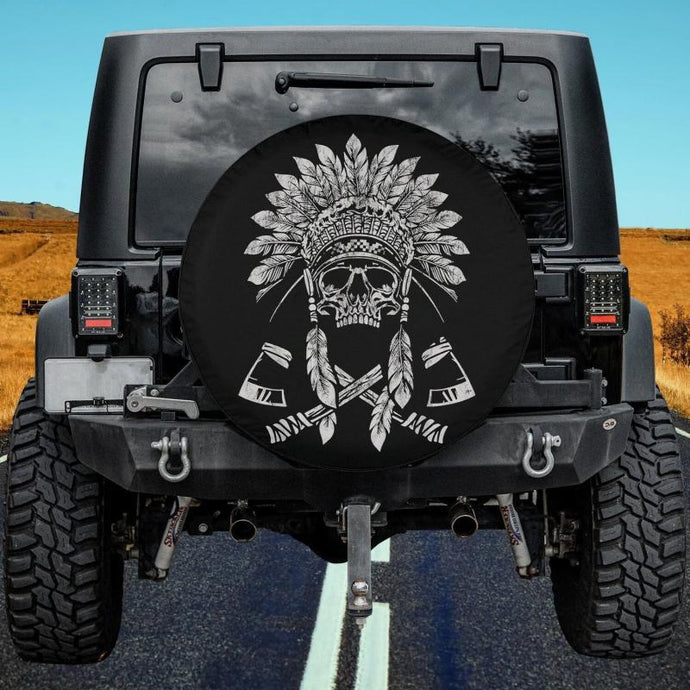 Vintage Indian Native American Skull With Tomahawk Axe Spare Tire Cover Thickening Leather Universal