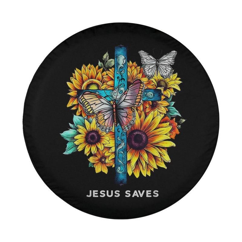 Load image into Gallery viewer, Jesus saves Cross Sunflowers Butterflies Christian Spare Tire Cover Thickening Leather Universal
