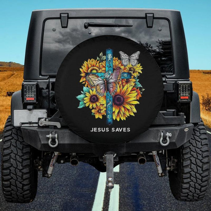 Jesus saves Cross Sunflowers Butterflies Christian Spare Tire Cover Thickening Leather Universal