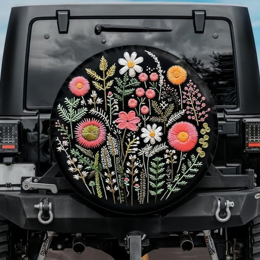 Faux Embroidery Botanical Tire Cover