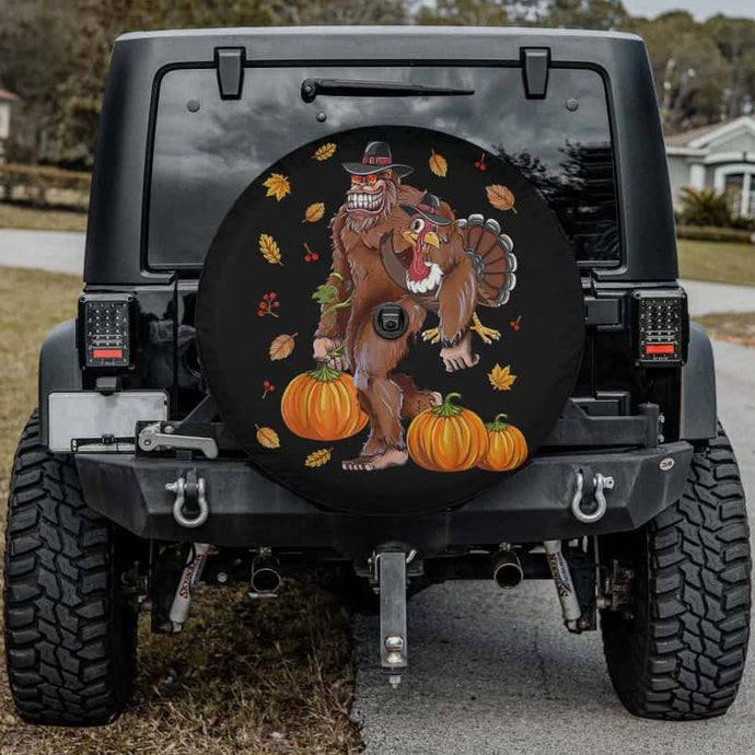 Bigfoot Sasquatch Turkey Pumpkin Happy Thanksgiving Day Spare Tire Cover Thickening Leather Universal