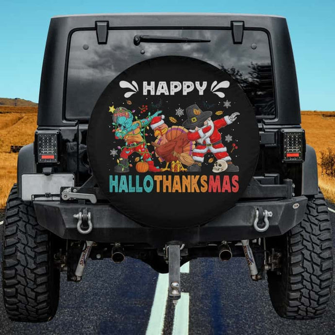 Happy Hallothanksmas Halloween Thanksgiving Christmas Spare Tire Cover Thickening Leather Universal