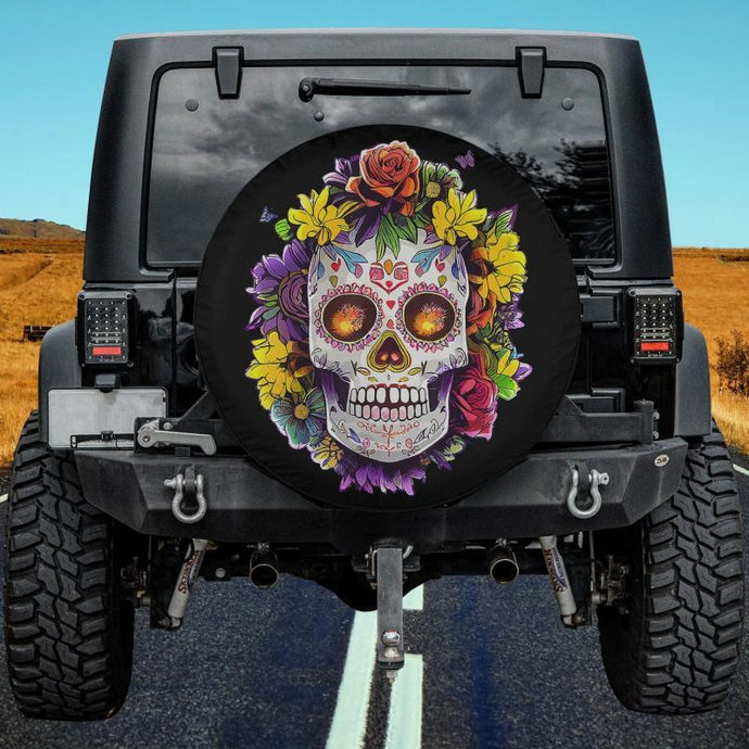 Floral Sugar Skull Day of the Dead Dia De Muertos Spare Tire Cover Thickening Leather Universal