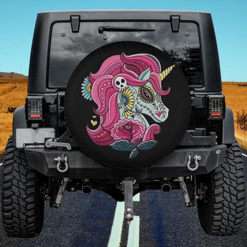 Load image into Gallery viewer, Funny Sugar Skull Unicorn Dia de Muertos Halloween Day Girls Spare Tire Cover Thickening Leather Universal
