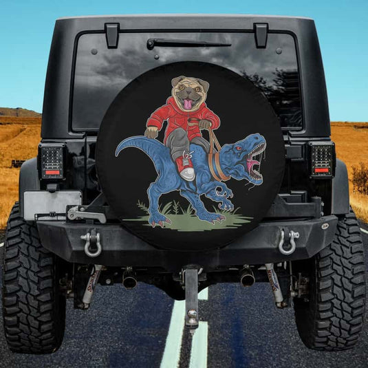 Cute Dinosaur Trex Christmas Santa Claus Pug Dog Riding Spare Tire Cover Thickening Leather Universal