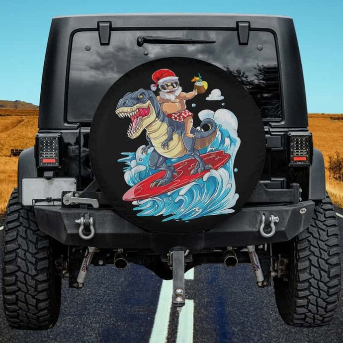 Hawaii Santa Riding Dinosaur T rex Sufing Christmas In July Spare Tire Cover Thickening Leather Universal