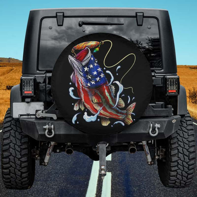 Bass Fishing Fish American Flag Dad Father Fourth Of July Spare Tire Cover Thickening Leather Universal