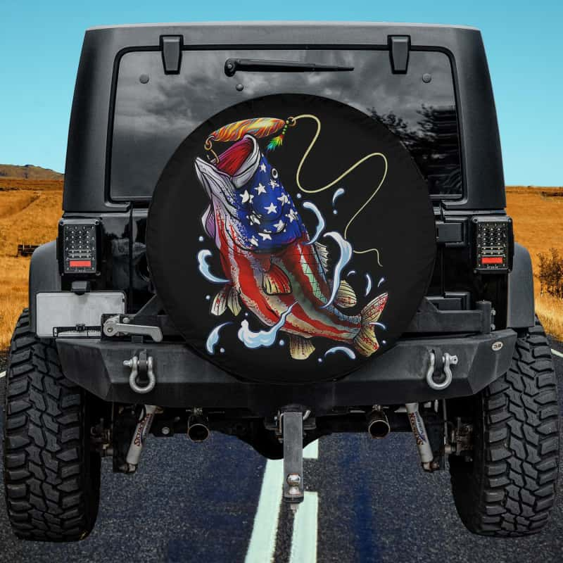 Load image into Gallery viewer, Bass Fishing Fish American Flag Dad Father Fourth Of July Spare Tire Cover Thickening Leather Universal
