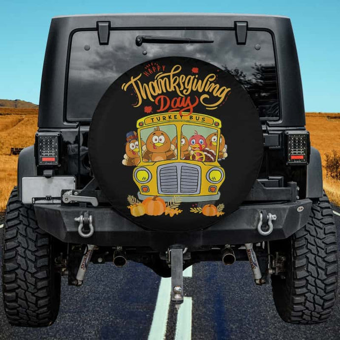 Happy Thanksgiving Day Funny Turkey School Bus Driver Spare Tire Cover Thickening Leather Universal