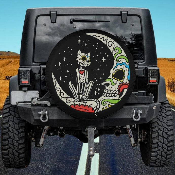 Sugar Skull Cat Moon Dia De Los Muertos Halloween Costume Spare Tire Cover Thickening Leather Universal