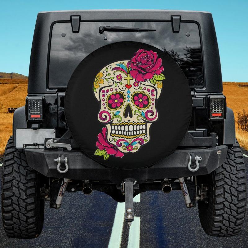 Load image into Gallery viewer, Sugar Skull Day Of The Dead Dia de Los Muertos Flowers Spare Tire Cover Thickening Leather Universal
