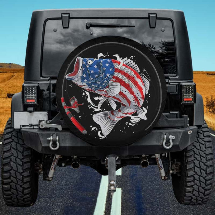 Bass Fishing Fish American Flag 4th of July Patriotic Spare Tire Cover Thickening Leather Universal