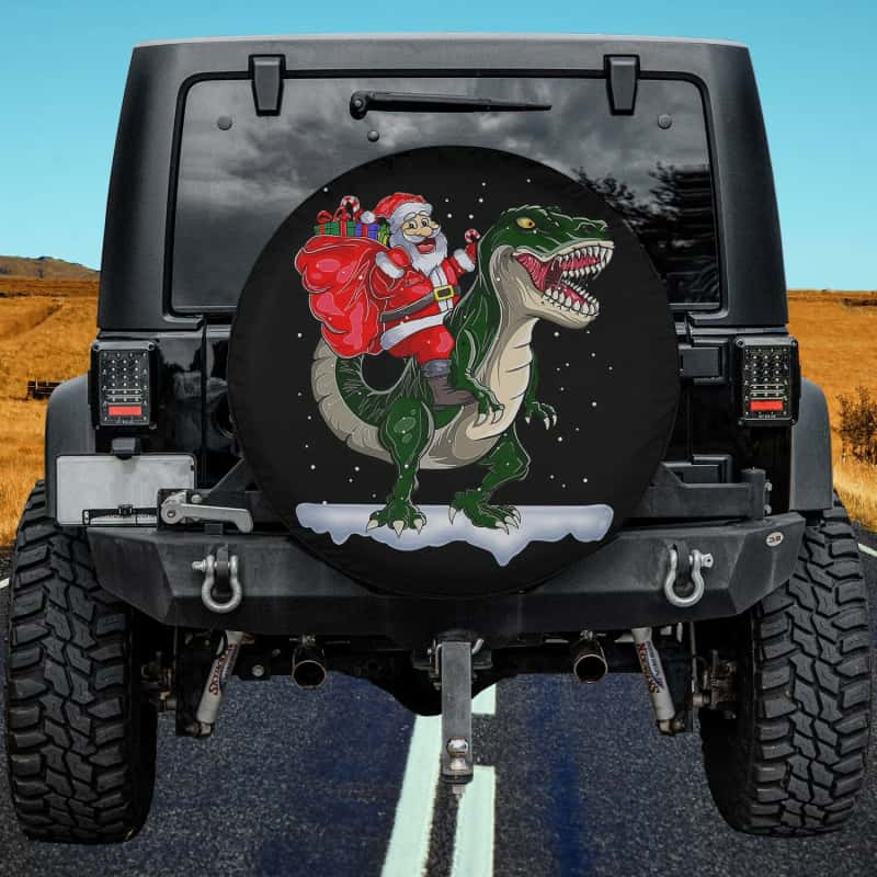 Load image into Gallery viewer, Santa Riding Dinosaur T Rex Christmas Santa Claus Boys Xmas Spare Tire Cover Thickening Leather Universal
