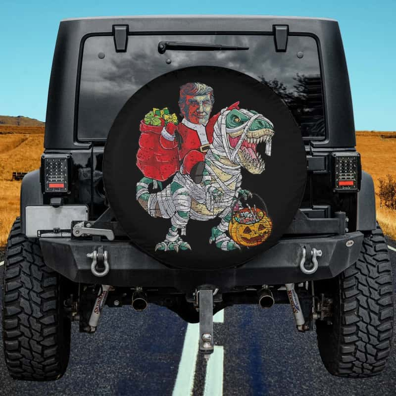 Load image into Gallery viewer, Santa Trump Riding Dinosaur T rex Christmas Men Xmas Spare Tire Cover Thickening Leather Universal
