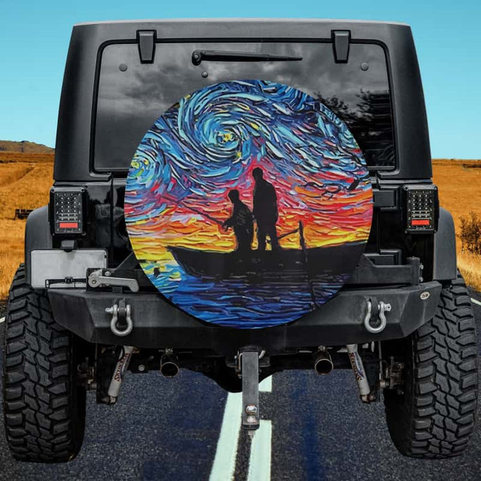 Family Fishing Sunset Retro Father Day Fishing Daddy Son Spare Tire Cover Thickening Leather Universal