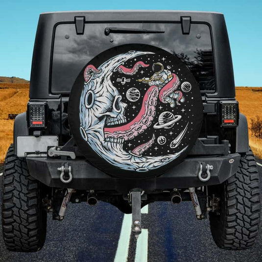 Kraken Attack Astronaut Space Octopus Tentacle in Moon Skull Spare Tire Cover Thickening Leather Universal