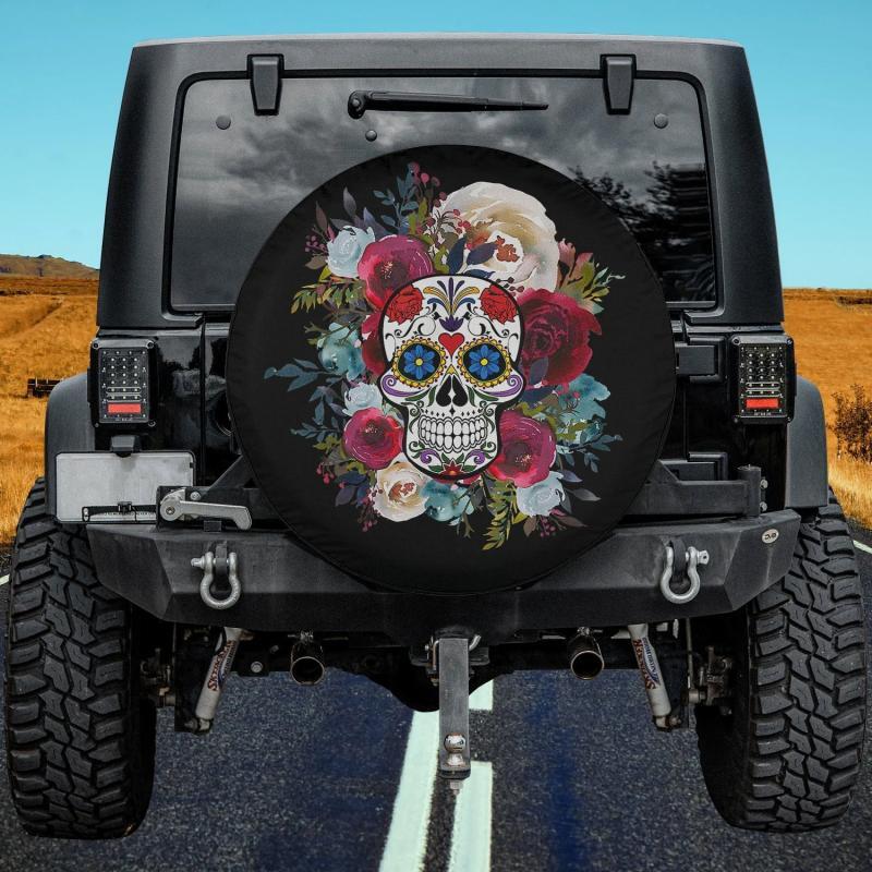 Load image into Gallery viewer, Dia De Los Muertos Flower Floral Sugar Skull Mexican Spare Tire Cover Thickening Leather Universal
