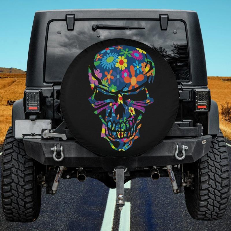 Load image into Gallery viewer, Colorful Retro Hippie Flower Skull Illustration Spare Tire Cover Thickening Leather Universal
