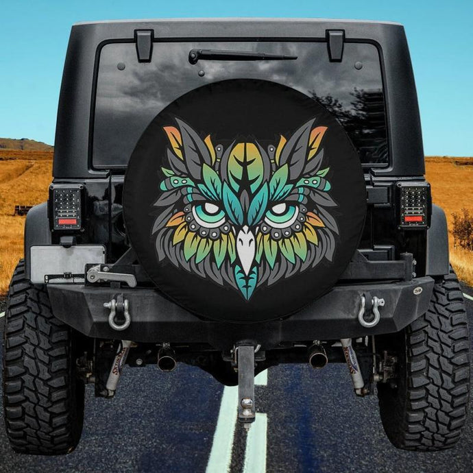 Beautiful Owl Illustration with Colorful Feathers Spare Tire Cover Thickening Leather Universal