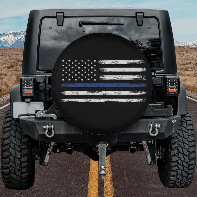 Load image into Gallery viewer, Backup Camera Tire Cover with Thin Blue Line Flag
