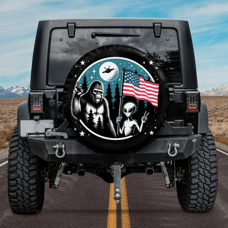 Load image into Gallery viewer, Bigfoot Alien Ufo American Flag Spare Tire Cover
