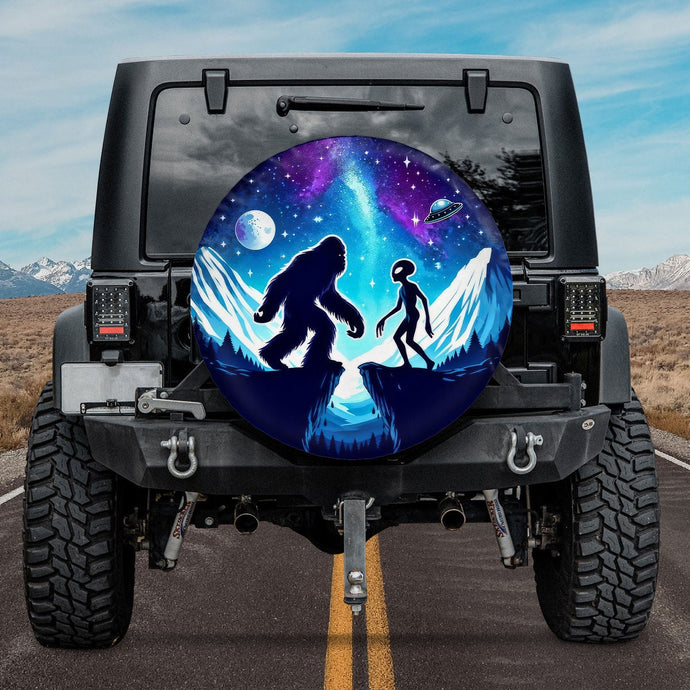 Bigfoot Meets Alien Ufo Sasquatch Yeti Spare Tire Cover